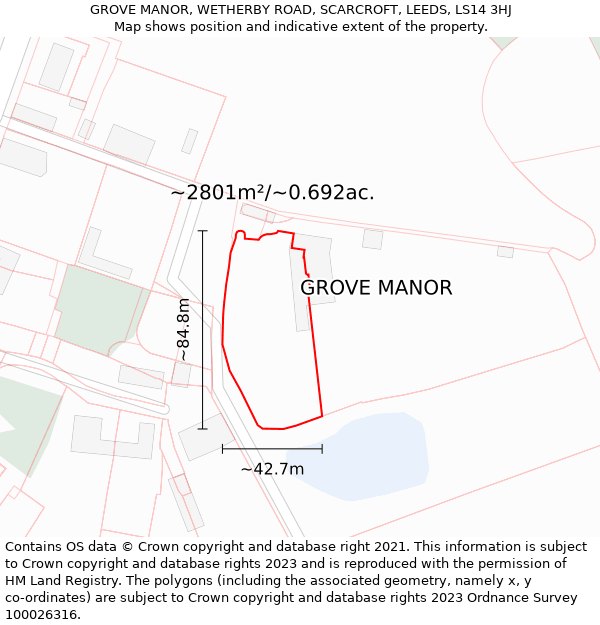 GROVE MANOR, WETHERBY ROAD, SCARCROFT, LEEDS, LS14 3HJ: Plot and title map