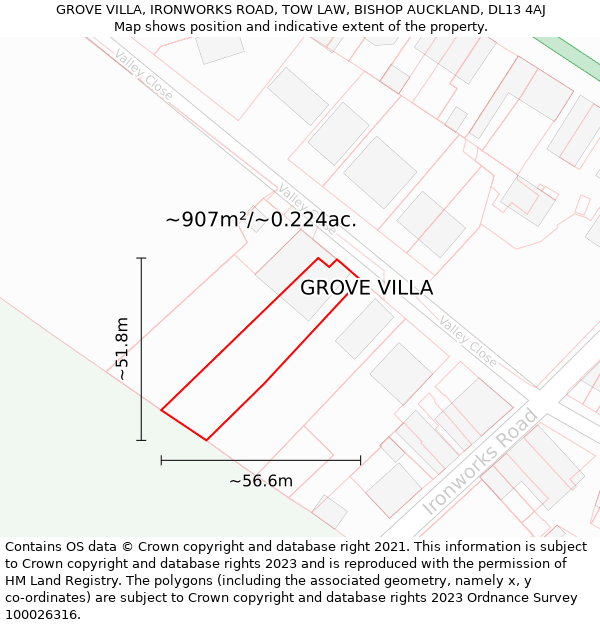 GROVE VILLA, IRONWORKS ROAD, TOW LAW, BISHOP AUCKLAND, DL13 4AJ: Plot and title map