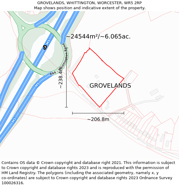 GROVELANDS, WHITTINGTON, WORCESTER, WR5 2RP: Plot and title map