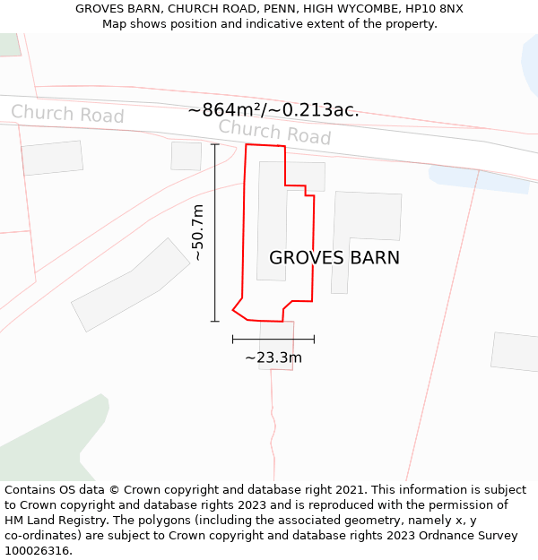 GROVES BARN, CHURCH ROAD, PENN, HIGH WYCOMBE, HP10 8NX: Plot and title map