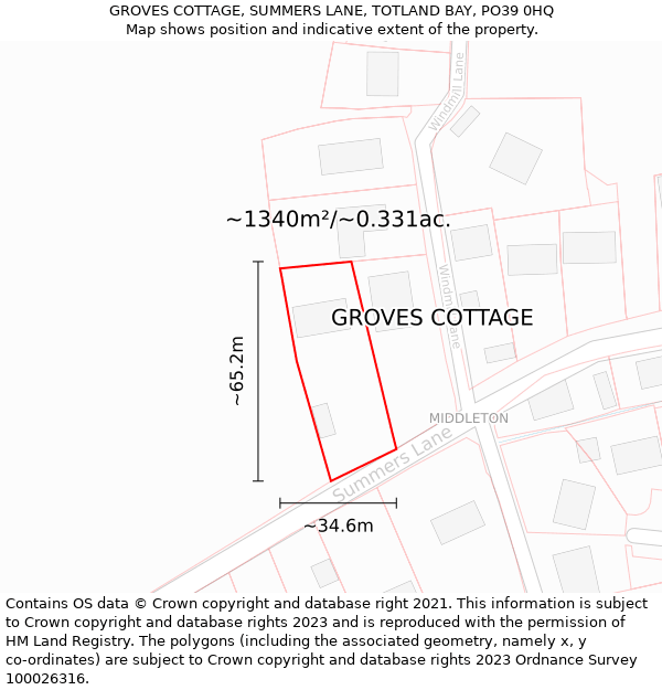 GROVES COTTAGE, SUMMERS LANE, TOTLAND BAY, PO39 0HQ: Plot and title map