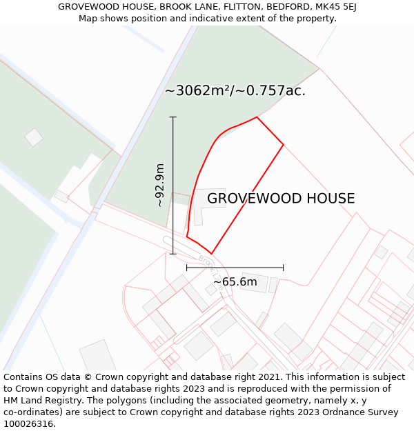 GROVEWOOD HOUSE, BROOK LANE, FLITTON, BEDFORD, MK45 5EJ: Plot and title map