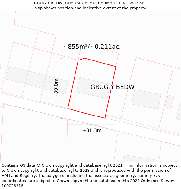 GRUG Y BEDW, RHYDARGAEAU, CARMARTHEN, SA33 6BL: Plot and title map