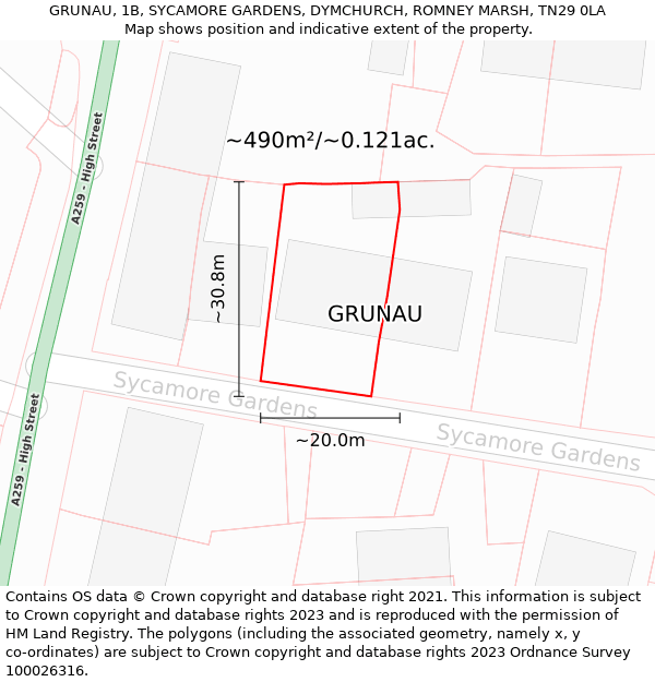 GRUNAU, 1B, SYCAMORE GARDENS, DYMCHURCH, ROMNEY MARSH, TN29 0LA: Plot and title map