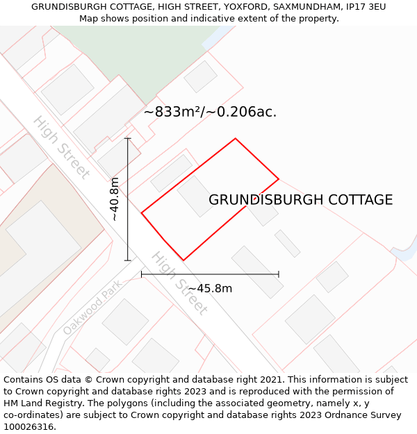 GRUNDISBURGH COTTAGE, HIGH STREET, YOXFORD, SAXMUNDHAM, IP17 3EU: Plot and title map