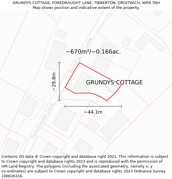 GRUNDYS COTTAGE, FOREDRAUGHT LANE, TIBBERTON, DROITWICH, WR9 7NH: Plot and title map