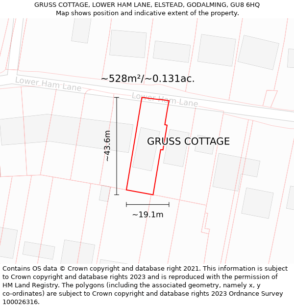 GRUSS COTTAGE, LOWER HAM LANE, ELSTEAD, GODALMING, GU8 6HQ: Plot and title map