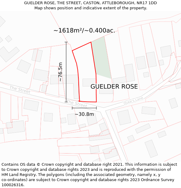 GUELDER ROSE, THE STREET, CASTON, ATTLEBOROUGH, NR17 1DD: Plot and title map