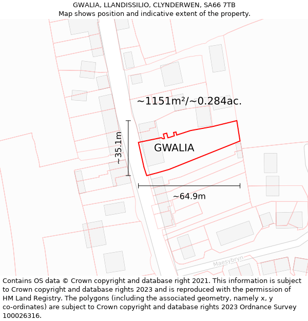 GWALIA, LLANDISSILIO, CLYNDERWEN, SA66 7TB: Plot and title map