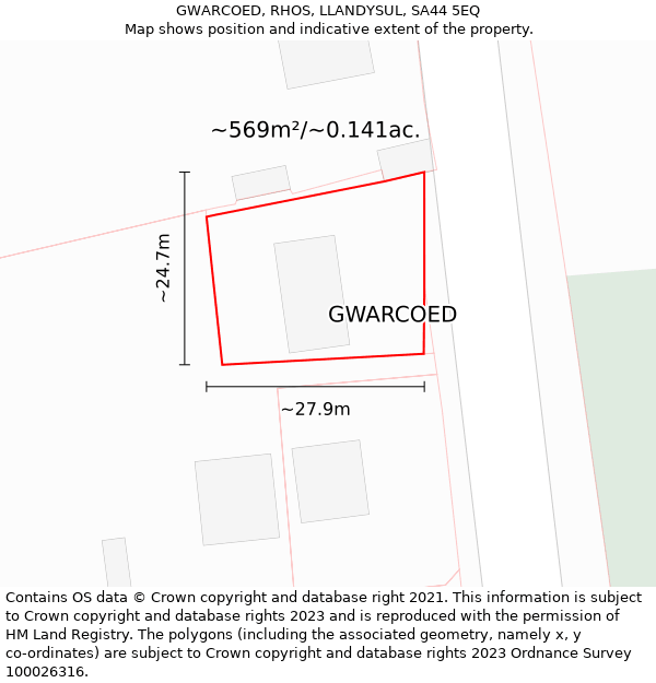 GWARCOED, RHOS, LLANDYSUL, SA44 5EQ: Plot and title map