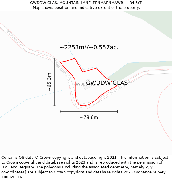 GWDDW GLAS, MOUNTAIN LANE, PENMAENMAWR, LL34 6YP: Plot and title map