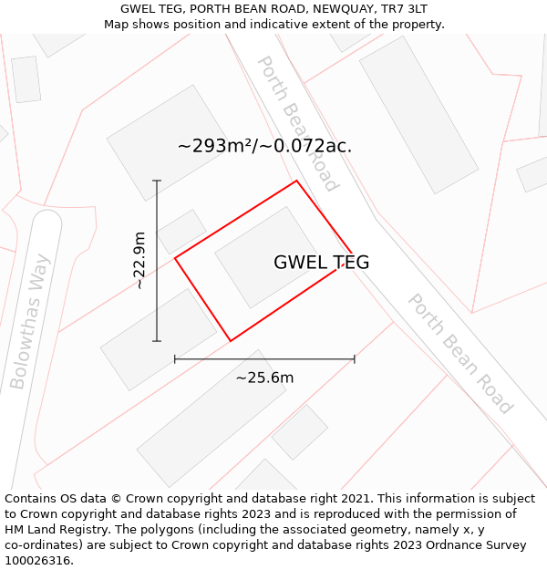 GWEL TEG, PORTH BEAN ROAD, NEWQUAY, TR7 3LT: Plot and title map