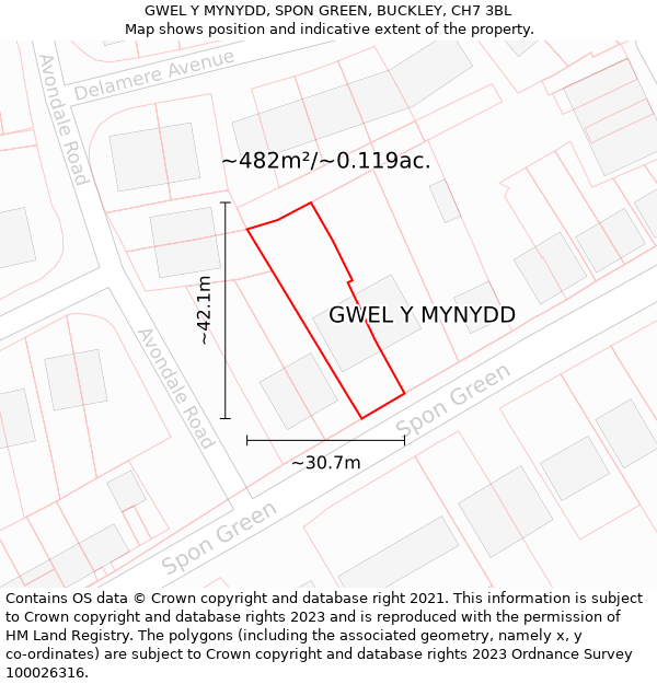 GWEL Y MYNYDD, SPON GREEN, BUCKLEY, CH7 3BL: Plot and title map