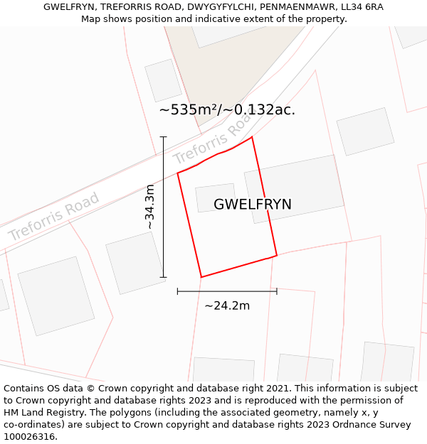 GWELFRYN, TREFORRIS ROAD, DWYGYFYLCHI, PENMAENMAWR, LL34 6RA: Plot and title map