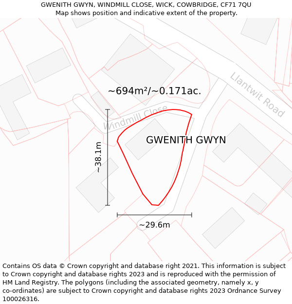 GWENITH GWYN, WINDMILL CLOSE, WICK, COWBRIDGE, CF71 7QU: Plot and title map