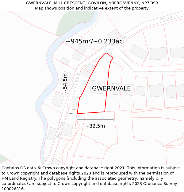 GWERNVALE, MILL CRESCENT, GOVILON, ABERGAVENNY, NP7 9SB: Plot and title map