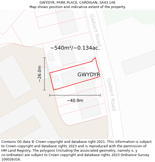 GWYDYR, PARK PLACE, CARDIGAN, SA43 1AE: Plot and title map