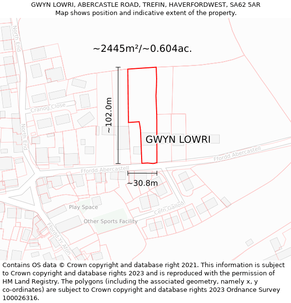 GWYN LOWRI, ABERCASTLE ROAD, TREFIN, HAVERFORDWEST, SA62 5AR: Plot and title map