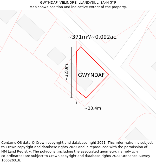 GWYNDAF, VELINDRE, LLANDYSUL, SA44 5YF: Plot and title map