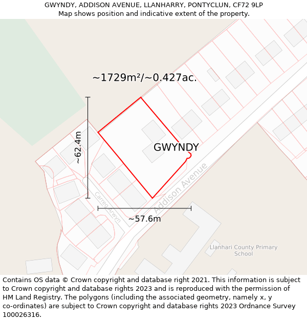 GWYNDY, ADDISON AVENUE, LLANHARRY, PONTYCLUN, CF72 9LP: Plot and title map