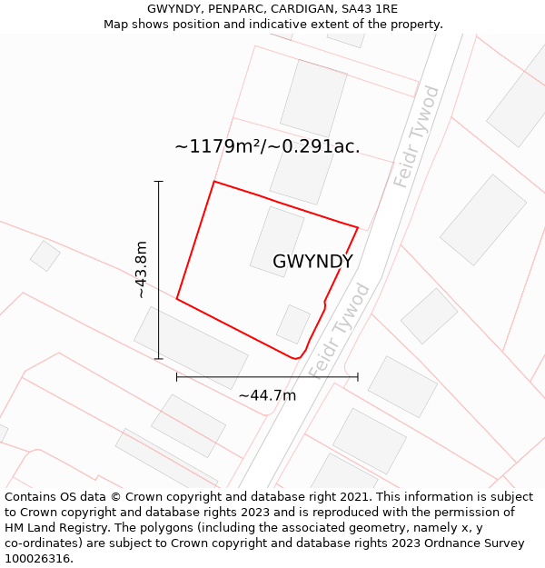 GWYNDY, PENPARC, CARDIGAN, SA43 1RE: Plot and title map