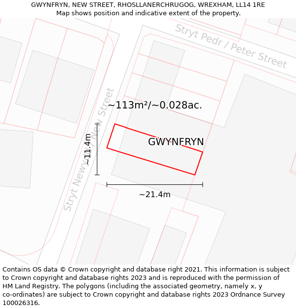 GWYNFRYN, NEW STREET, RHOSLLANERCHRUGOG, WREXHAM, LL14 1RE: Plot and title map