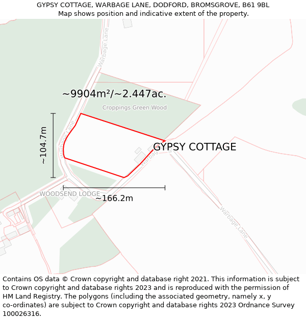 GYPSY COTTAGE, WARBAGE LANE, DODFORD, BROMSGROVE, B61 9BL: Plot and title map