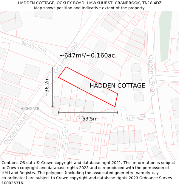 HADDEN COTTAGE, OCKLEY ROAD, HAWKHURST, CRANBROOK, TN18 4DZ: Plot and title map