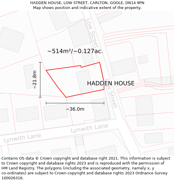 HADDEN HOUSE, LOW STREET, CARLTON, GOOLE, DN14 9PN: Plot and title map