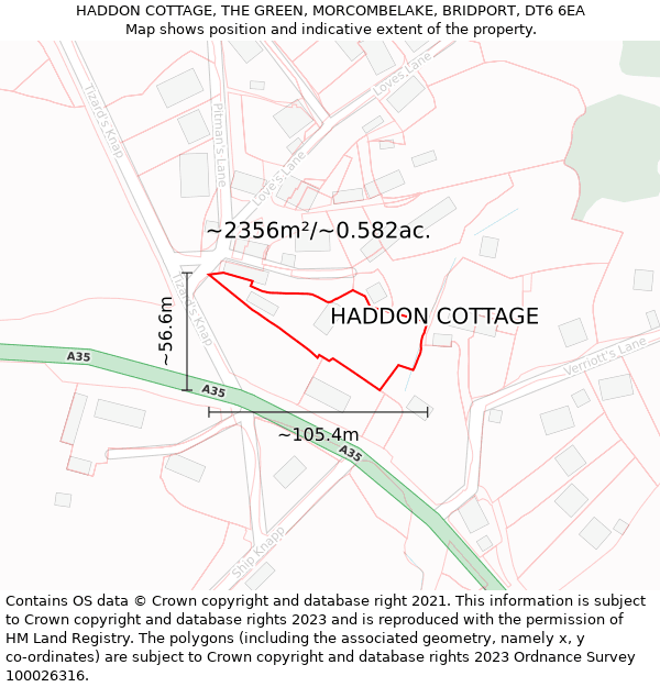 HADDON COTTAGE, THE GREEN, MORCOMBELAKE, BRIDPORT, DT6 6EA: Plot and title map