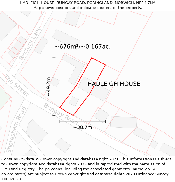 HADLEIGH HOUSE, BUNGAY ROAD, PORINGLAND, NORWICH, NR14 7NA: Plot and title map