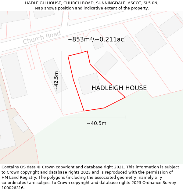 HADLEIGH HOUSE, CHURCH ROAD, SUNNINGDALE, ASCOT, SL5 0NJ: Plot and title map