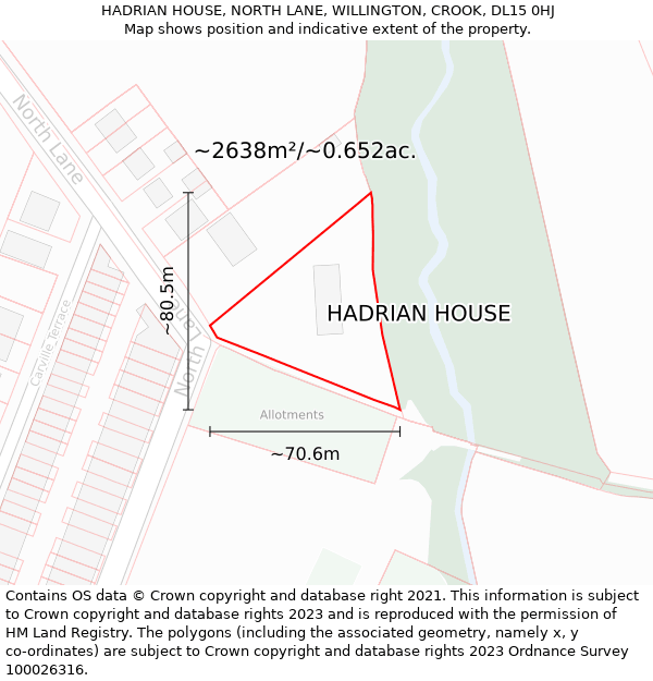 HADRIAN HOUSE, NORTH LANE, WILLINGTON, CROOK, DL15 0HJ: Plot and title map