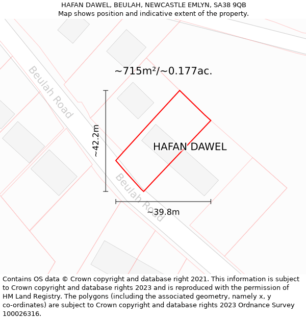 HAFAN DAWEL, BEULAH, NEWCASTLE EMLYN, SA38 9QB: Plot and title map