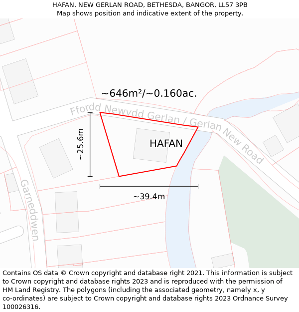 HAFAN, NEW GERLAN ROAD, BETHESDA, BANGOR, LL57 3PB: Plot and title map