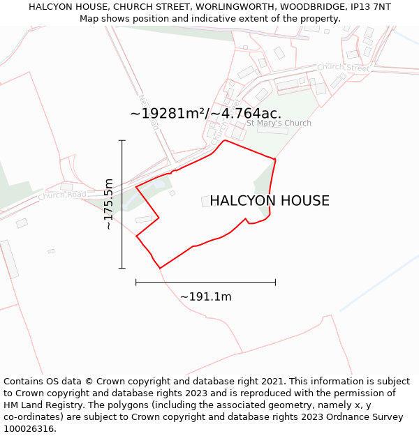 HALCYON HOUSE, CHURCH STREET, WORLINGWORTH, WOODBRIDGE, IP13 7NT: Plot and title map