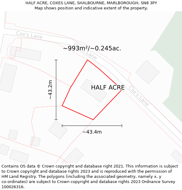 HALF ACRE, COXES LANE, SHALBOURNE, MARLBOROUGH, SN8 3PY: Plot and title map