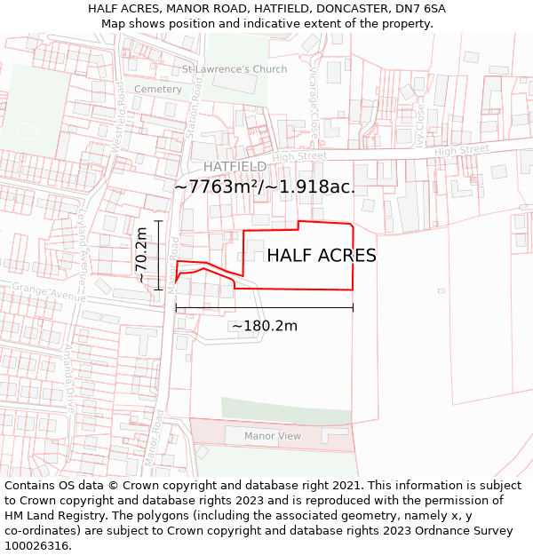 HALF ACRES, MANOR ROAD, HATFIELD, DONCASTER, DN7 6SA: Plot and title map