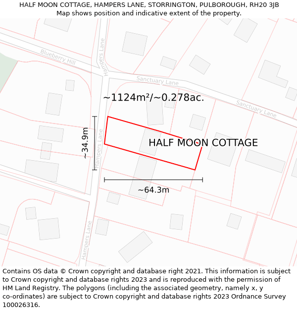 HALF MOON COTTAGE, HAMPERS LANE, STORRINGTON, PULBOROUGH, RH20 3JB: Plot and title map