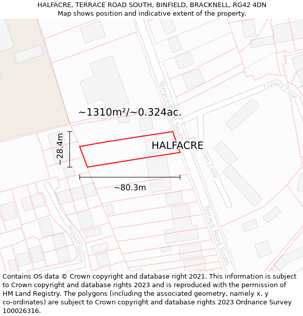 HALFACRE, TERRACE ROAD SOUTH, BINFIELD, BRACKNELL, RG42 4DN: Plot and title map