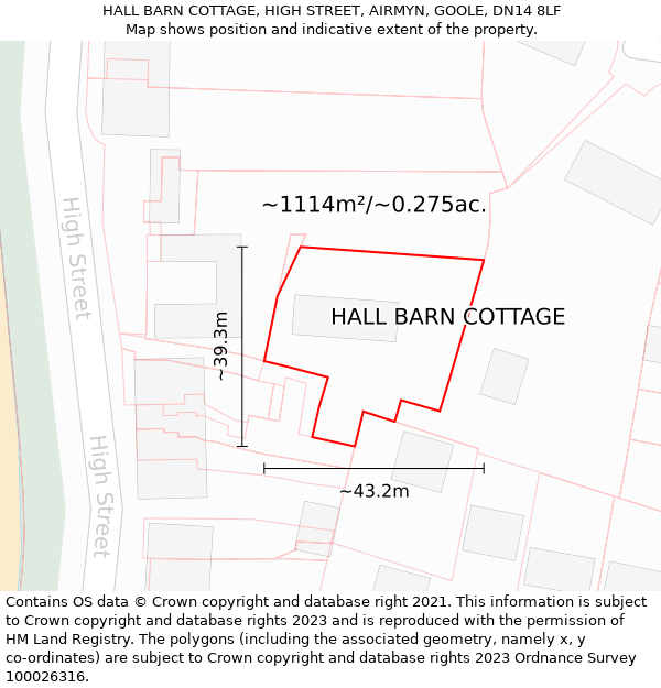 HALL BARN COTTAGE, HIGH STREET, AIRMYN, GOOLE, DN14 8LF: Plot and title map