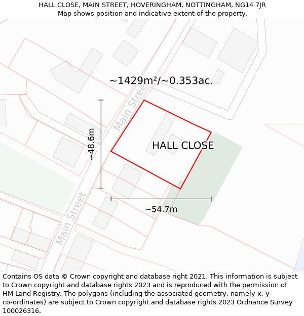 HALL CLOSE, MAIN STREET, HOVERINGHAM, NOTTINGHAM, NG14 7JR: Plot and title map