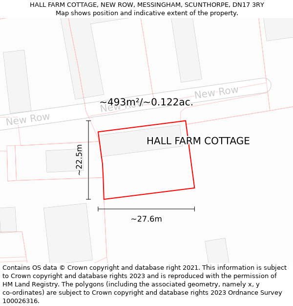 HALL FARM COTTAGE, NEW ROW, MESSINGHAM, SCUNTHORPE, DN17 3RY: Plot and title map