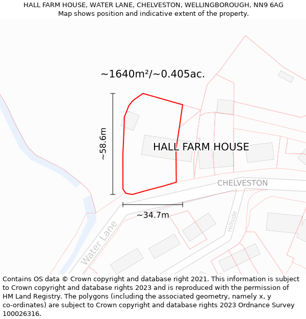 HALL FARM HOUSE, WATER LANE, CHELVESTON, WELLINGBOROUGH, NN9 6AG: Plot and title map