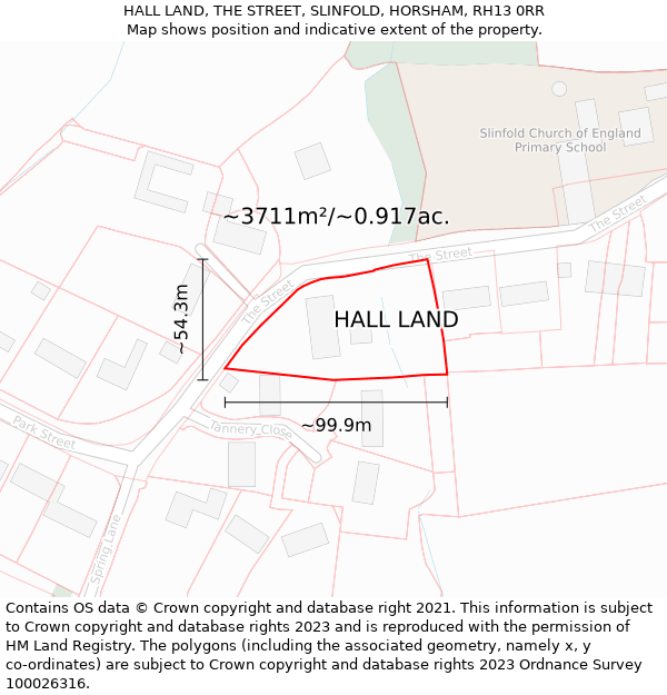 HALL LAND, THE STREET, SLINFOLD, HORSHAM, RH13 0RR: Plot and title map