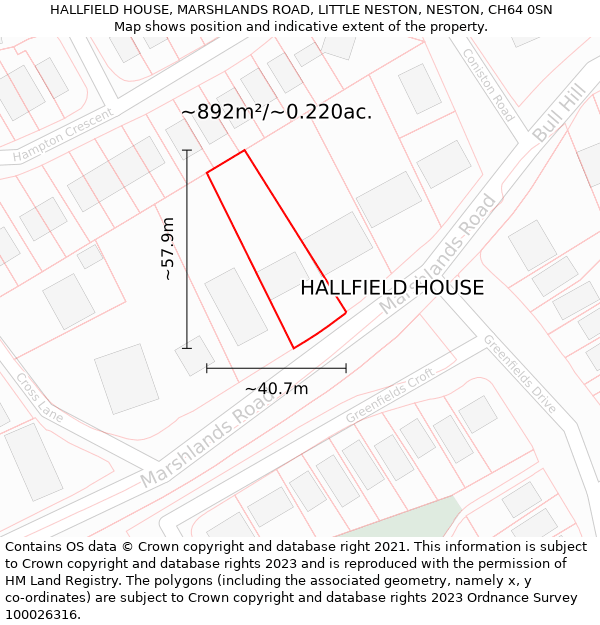 HALLFIELD HOUSE, MARSHLANDS ROAD, LITTLE NESTON, NESTON, CH64 0SN: Plot and title map