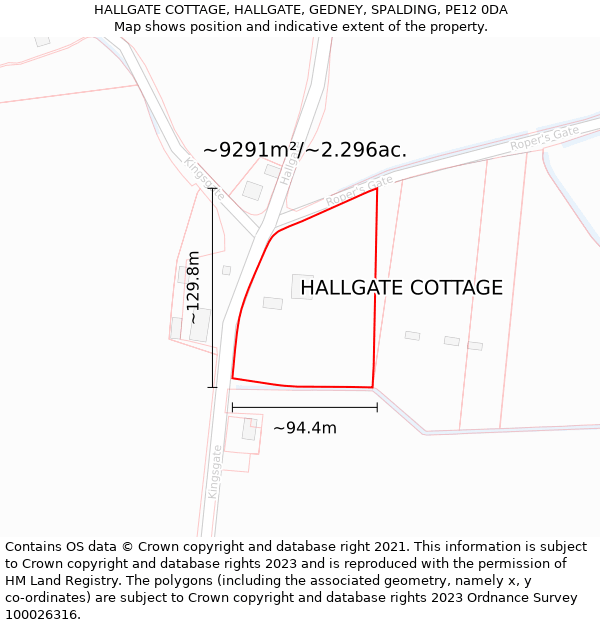 HALLGATE COTTAGE, HALLGATE, GEDNEY, SPALDING, PE12 0DA: Plot and title map