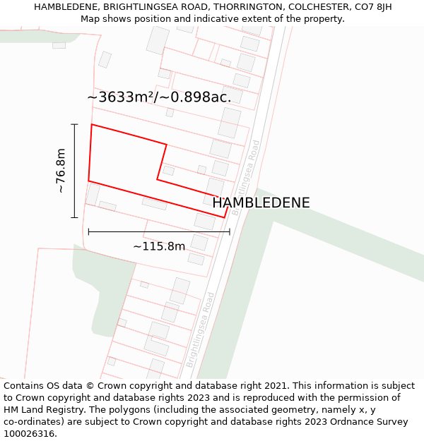 HAMBLEDENE, BRIGHTLINGSEA ROAD, THORRINGTON, COLCHESTER, CO7 8JH: Plot and title map