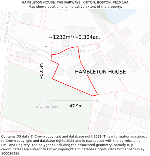 HAMBLETON HOUSE, THE FAIRWAYS, KIRTON, BOSTON, PE20 1HA: Plot and title map