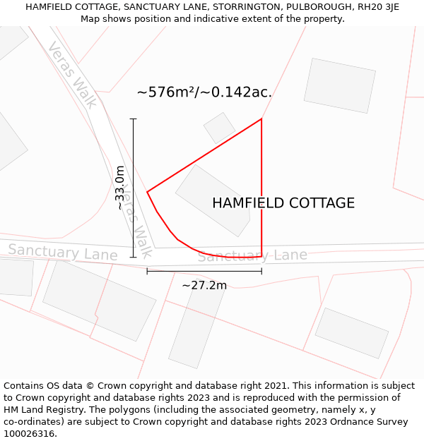 HAMFIELD COTTAGE, SANCTUARY LANE, STORRINGTON, PULBOROUGH, RH20 3JE: Plot and title map